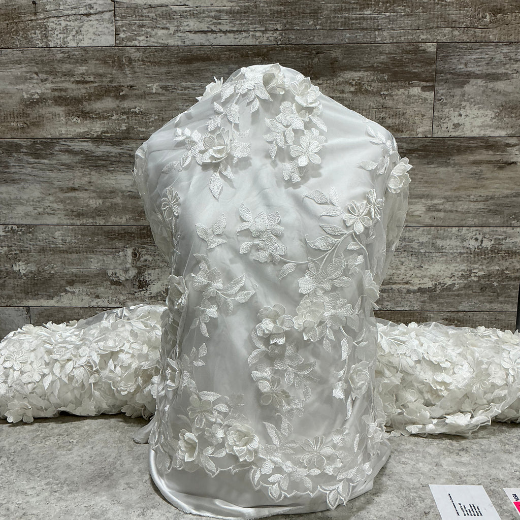 3D Embroidered Rose Ivory - Sold by the half yard