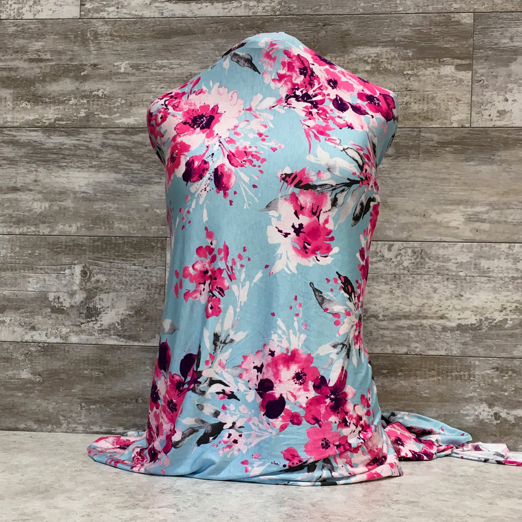 Rayon Knit Fabulous Floral on Aqua Blue l Sold by the half yard
