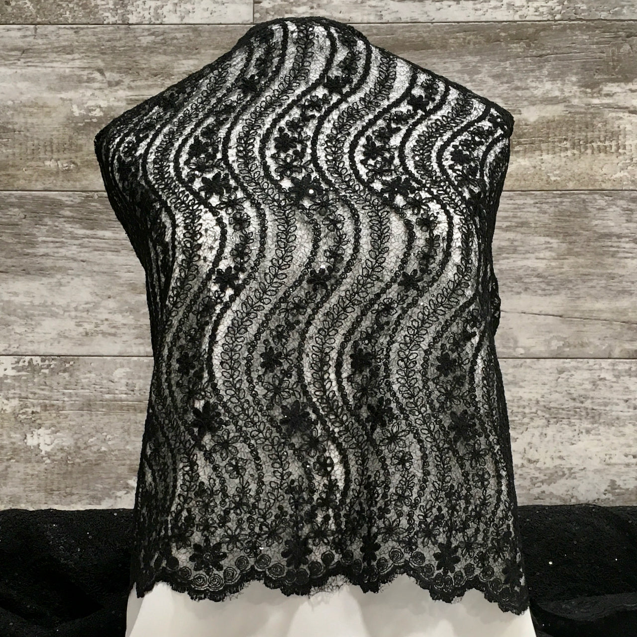 Sequin Waves Lace / Black - Sold by the half yard